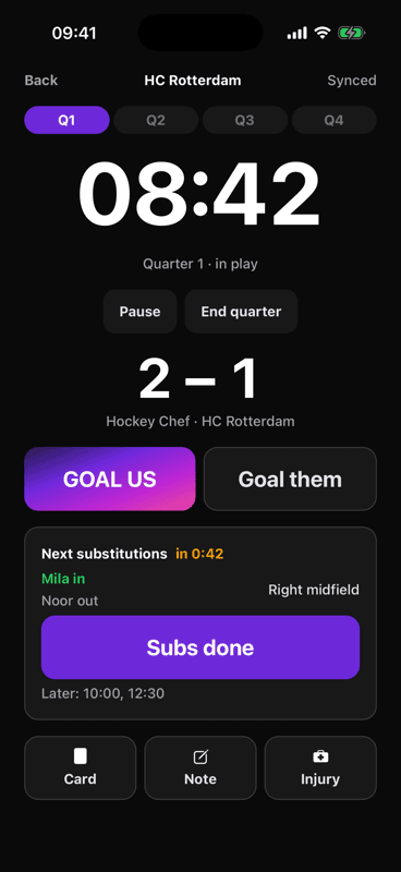 Live Match. See the clock and next substitutions. Record goals, cards and injuries in one tap.
