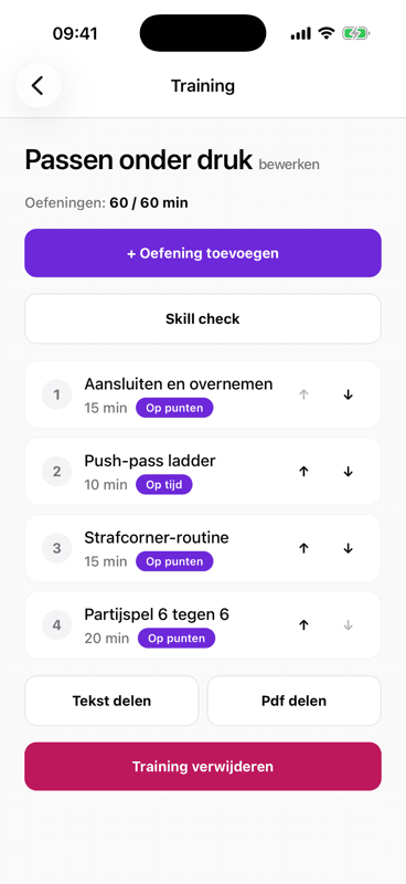 Een training van een uur, opgebouwd uit vier oefeningen.